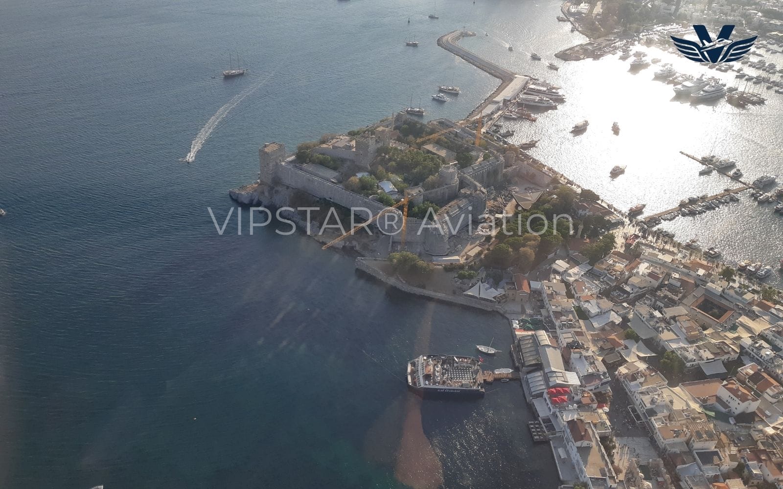 Aerial view of Bodrum coast from AW139 helicopter