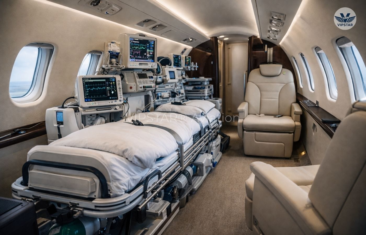 ICU-configured air ambulance interior designed for long-range intercontinental medical flights to the United States