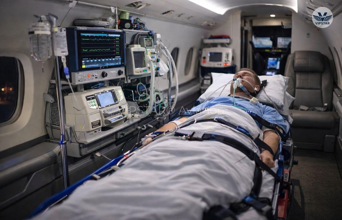 ICU-equipped air ambulance interior with advanced medical equipment for international patient transport
