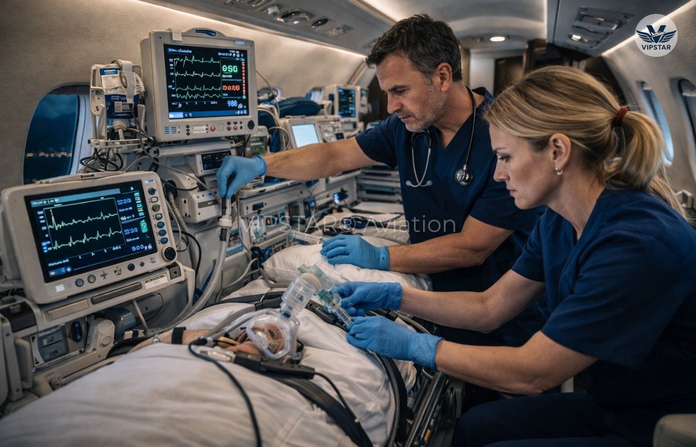 Medical team providing critical care onboard an intercontinental air ambulance during flight to the USA
