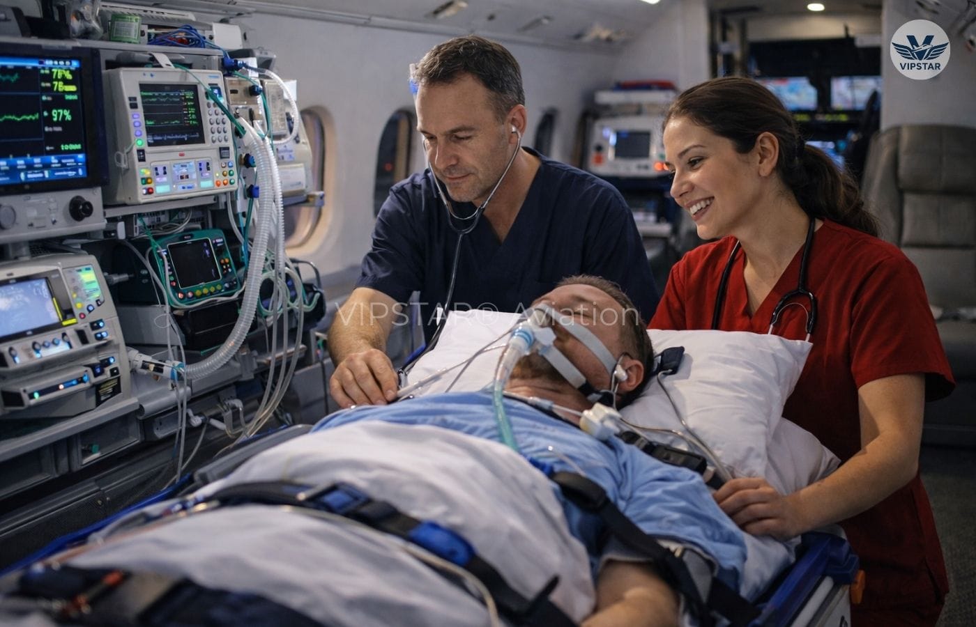 Medical team providing emergency treatment onboard an air ambulance during international patient transfer