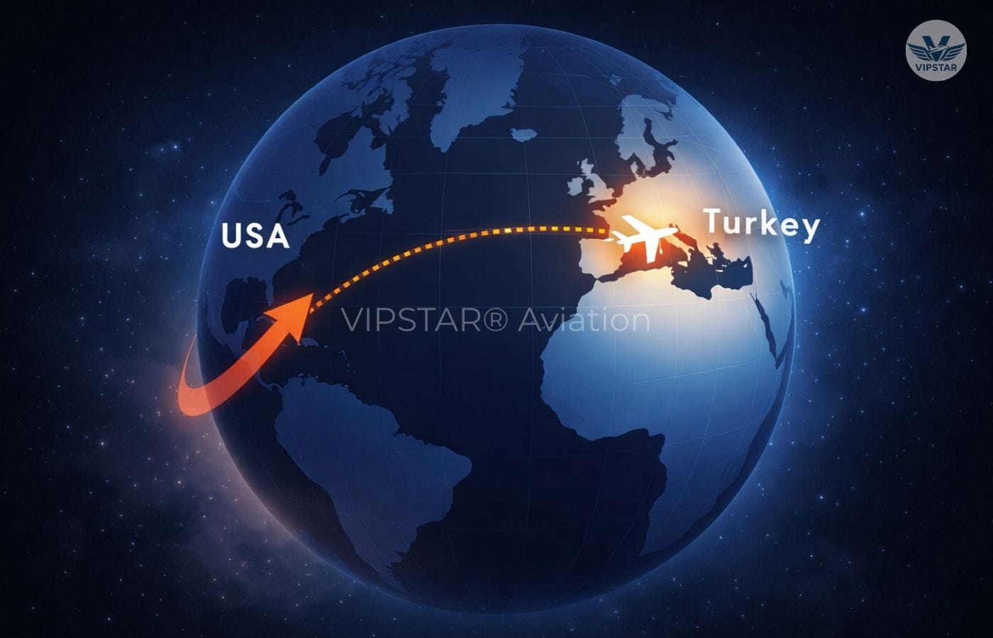 Intercontinental air ambulance route illustration from Turkey to the United States