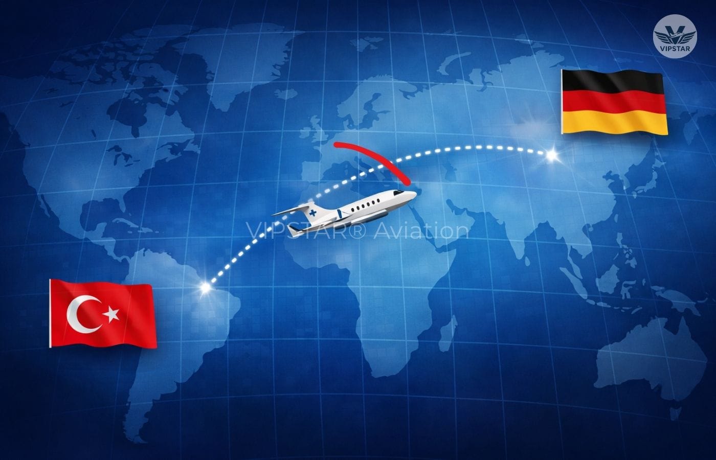 Air ambulance route illustration showing international medical flight route from Turkey to Germany