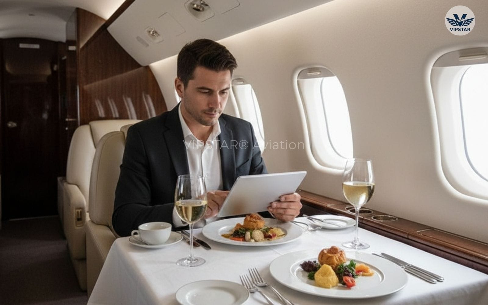 İstanbul'dan Dubai'ye özel jet ile uçuş esnasında gurme yemek servisi ve konforlu kabin içi