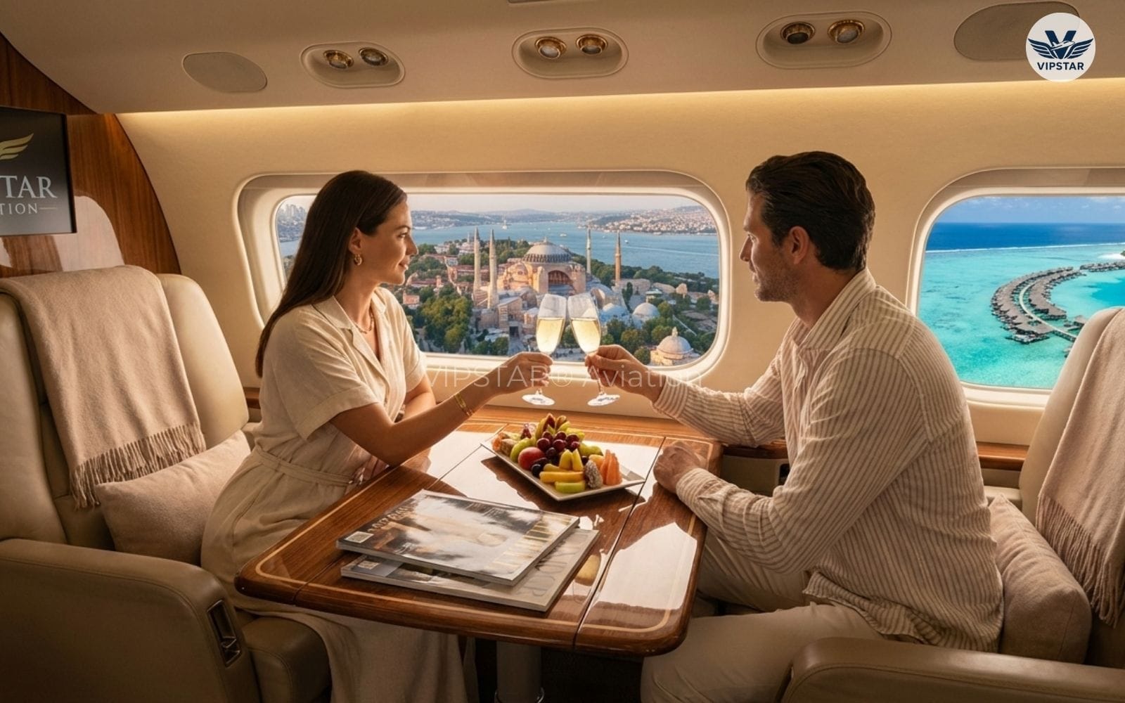İstanbul Maldivler uçuşunda lüks kabin içi romantik akşam yemeği ve şampanya - VIPSTAR Aviation