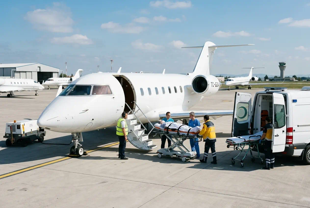 Apronda ambulans uçak hasta transferi: sedye geçişi ve medikal ekipman stabilizasyonu