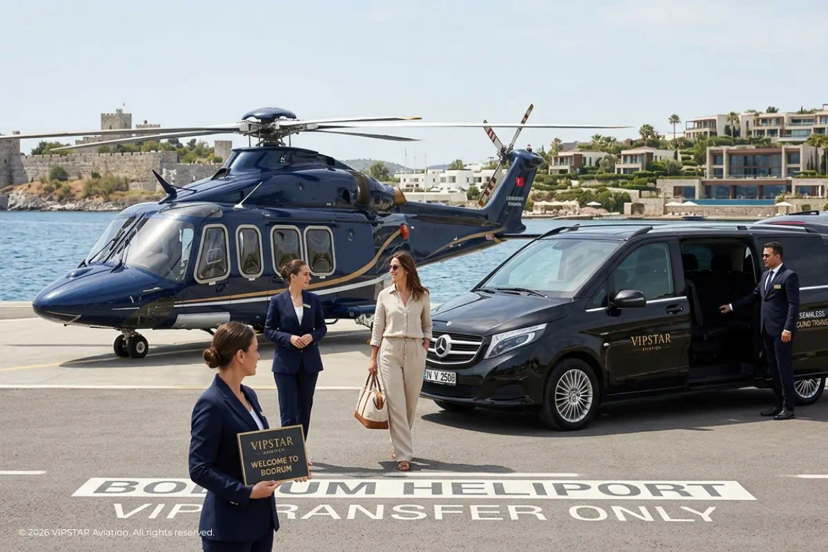 VIP ground transfer service from Bodrum helipad to luxury hotel for helicopter passengers