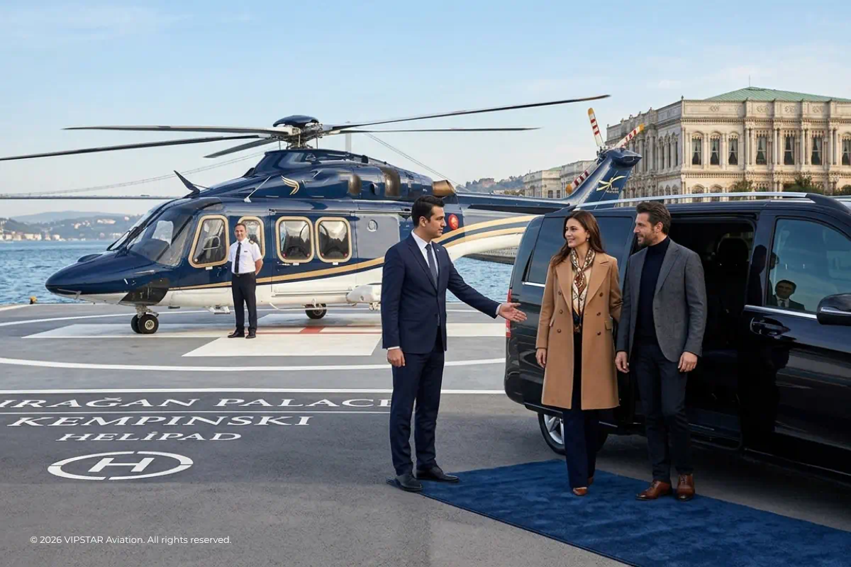 VIP chauffeur service with Mercedes V-Class arriving at Ciragan Palace Kempinski helipad for Agusta AW139 helicopter transfer
