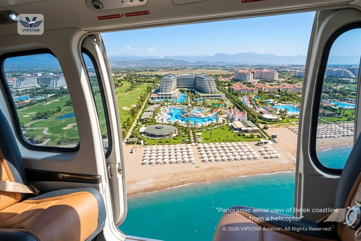 Premium interior view of a private helicopter flying over Belek coastline and luxury resorts in Antalya