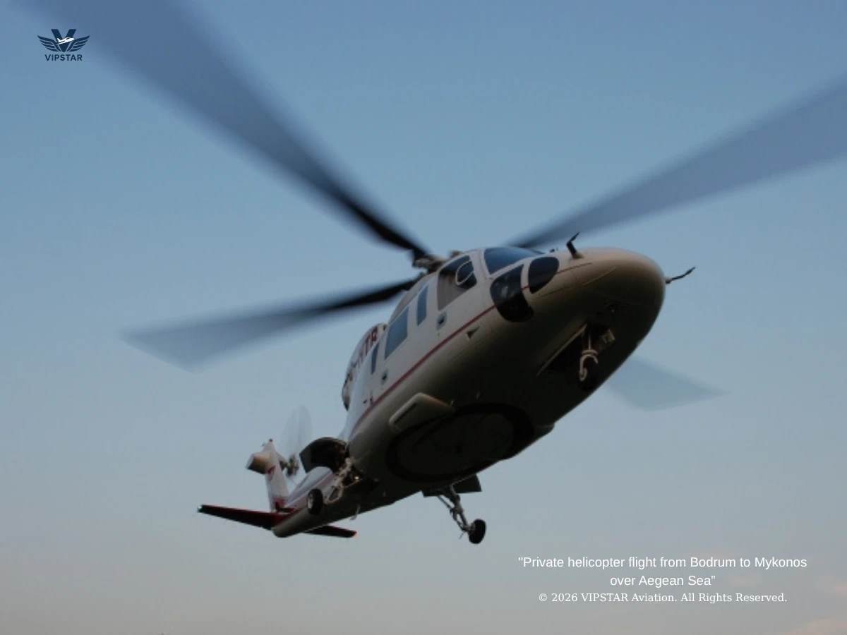 Private helicopter flight from Bodrum to Mykonos over Aegean Sea