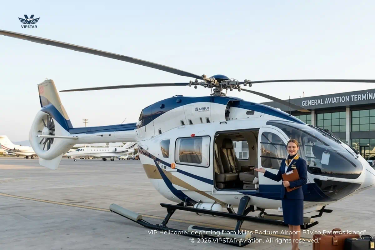 Helicopter departing from Milas Bodrum Airport BJV to Patmos island