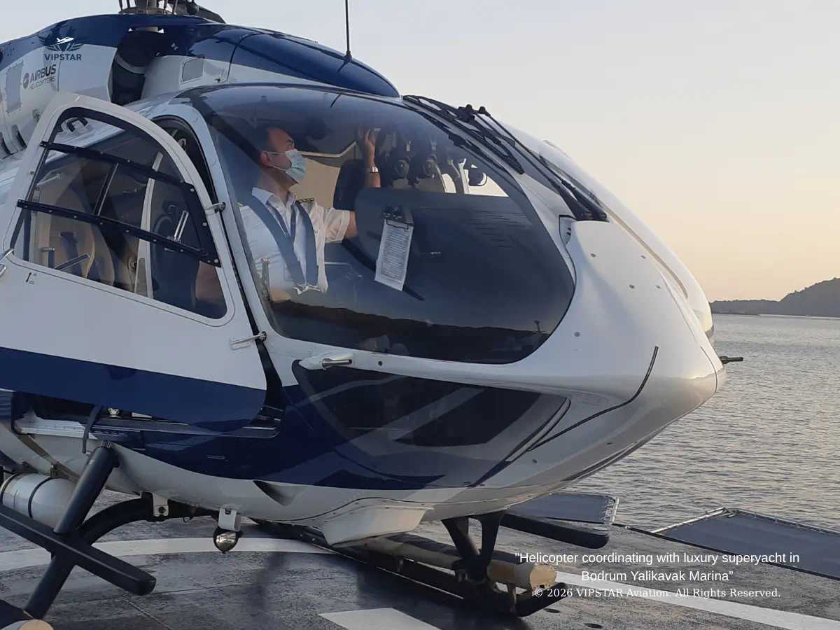 Helicopter coordinating with luxury superyacht in Bodrum Yalikavak Marina