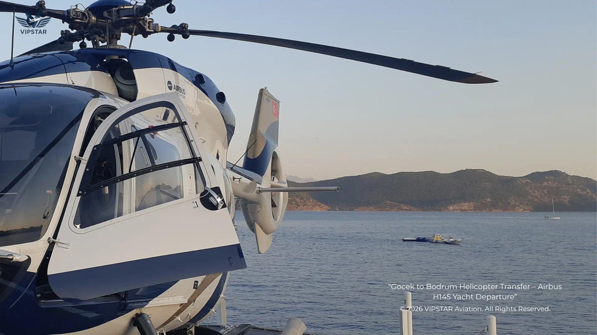 Gocek to Bodrum Helicopter Transfer – Airbus H145 Yacht Departure Airbus H145 helicopter taking off from a private yacht for Gocek to Bodrum helicopter transfer