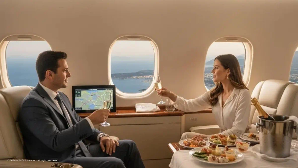 İstanbul - Bodrum Özel Jet Kabin İçi Deneyimi | VIPSTAR Aviation İstanbul'dan Bodrum'a özel jet ile seyahat eden yolcuların lüks kabin içi konforu ve gurme catering ikramları.