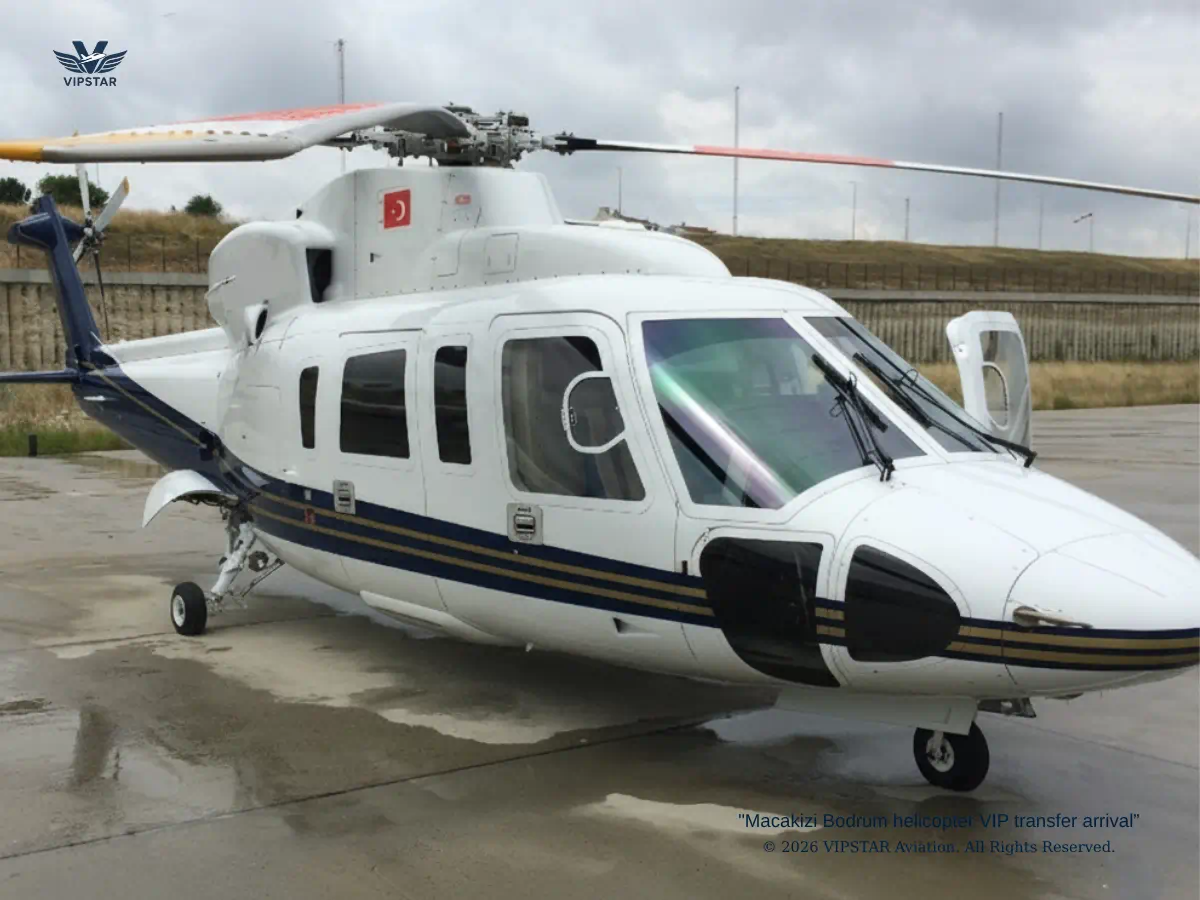 Macakizi Bodrum helicopter VIP transfer arrival