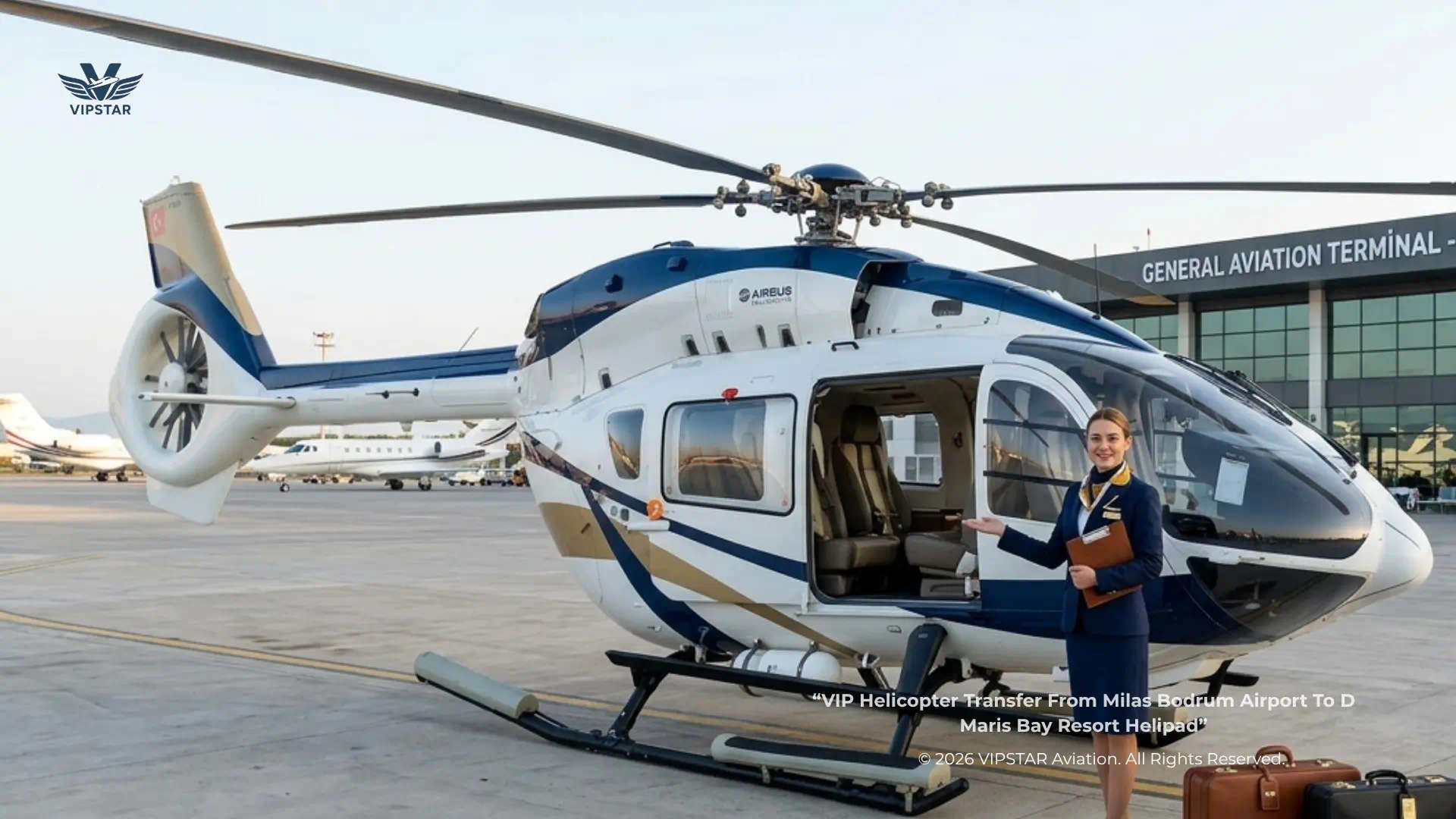 Bodrum Airport to D Maris Bay Helicopter - VIPSTAR VIP helicopter transfer from Milas Bodrum Airport to D Maris Bay resort helipad