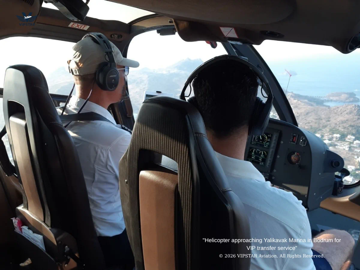 Helicopter approaching Yalikavak Marina in Bodrum for VIP transfer service