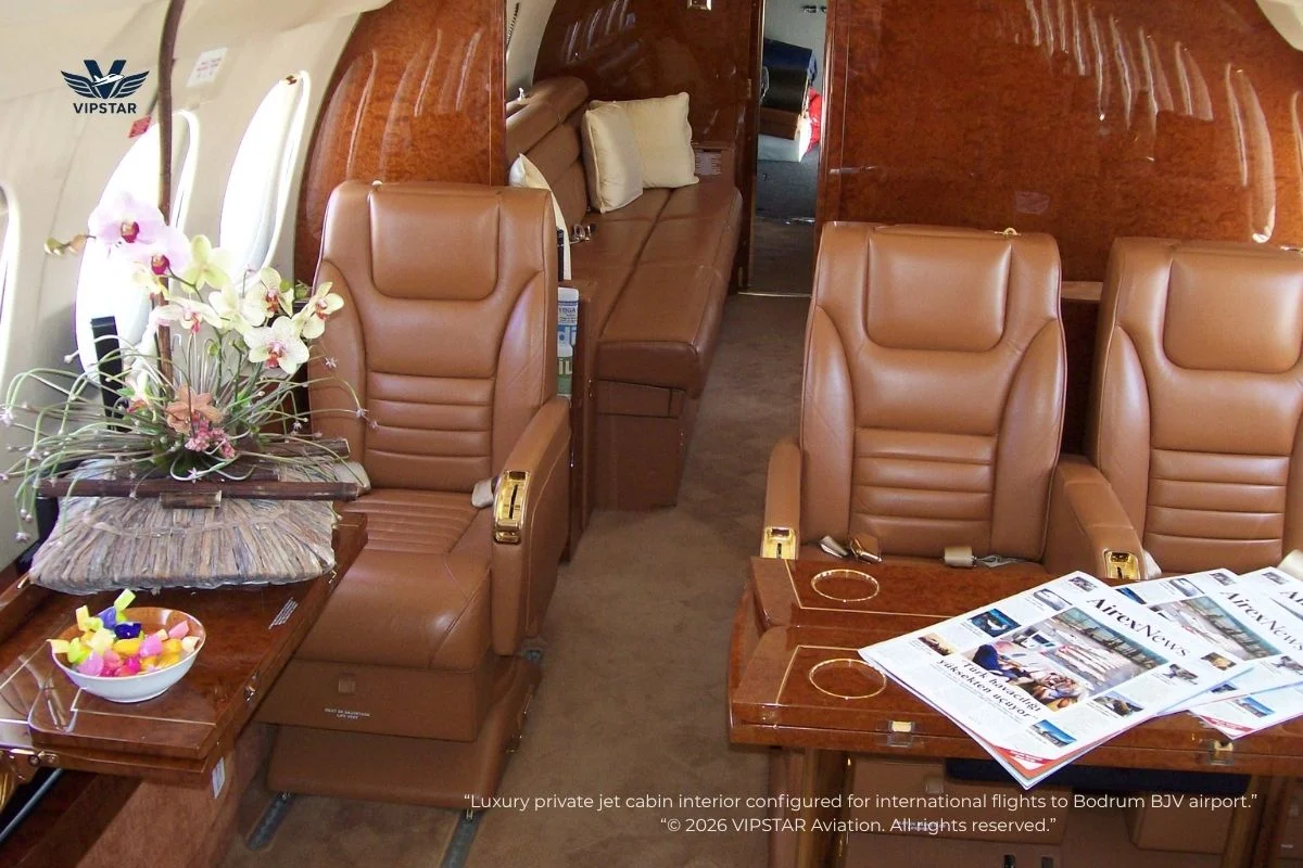Luxury private jet cabin interior configured for international flights to Bodrum BJV airport.