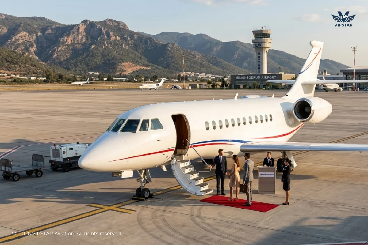 Private jet positioned on the tarmac at Milas-Bodrum Airport BJV for elite passenger boarding.