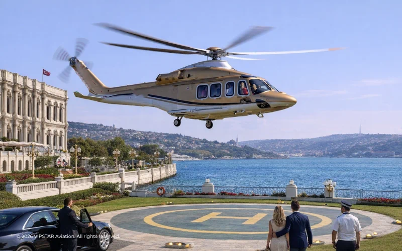 Exclusive Private Helicopter Transfer Istanbul | VIPSTAR Aviation Premium twin-engine private helicopter istanbul transfer landing at Çırağan Palace helipad by VIPSTAR Aviation.