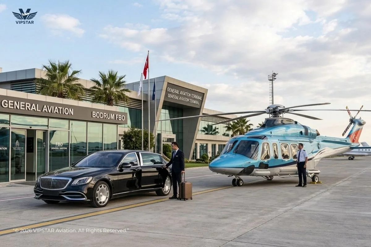 Private FBO Terminal Operations | VIPSTAR Aviation Luxury FBO General Aviation Terminal infrastructure and private tarmac apron setup for executive helicopter transfers at Antalya and Bodrum airports