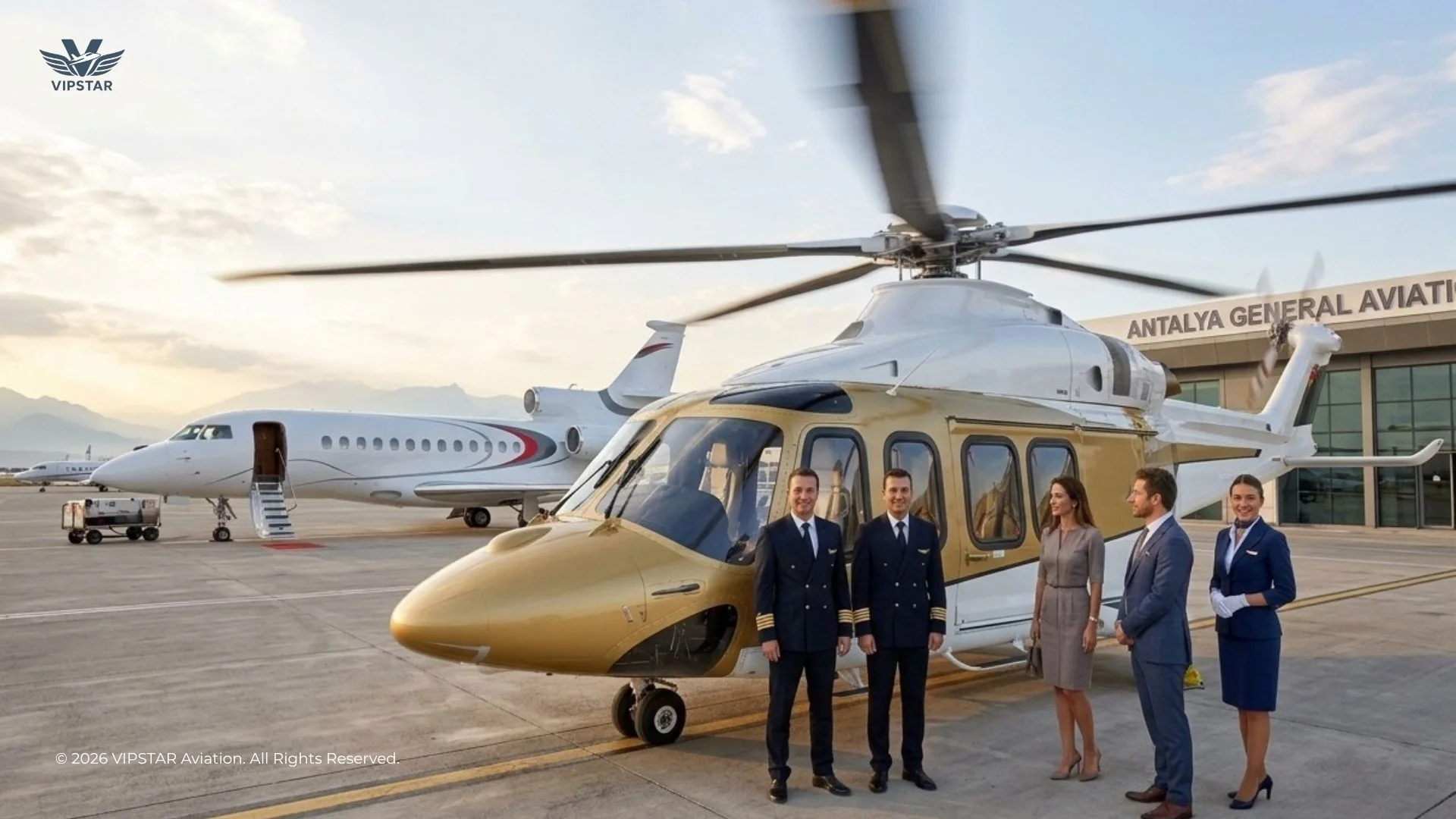 VIPSTAR Aviation | Antalya to Bodrum Round-Trip Helicopter Fleet Transfer Private Leonardo AW139 helicopter transfer connection from private jet at Antalya Airport GAT terminal to Bodrum resorts