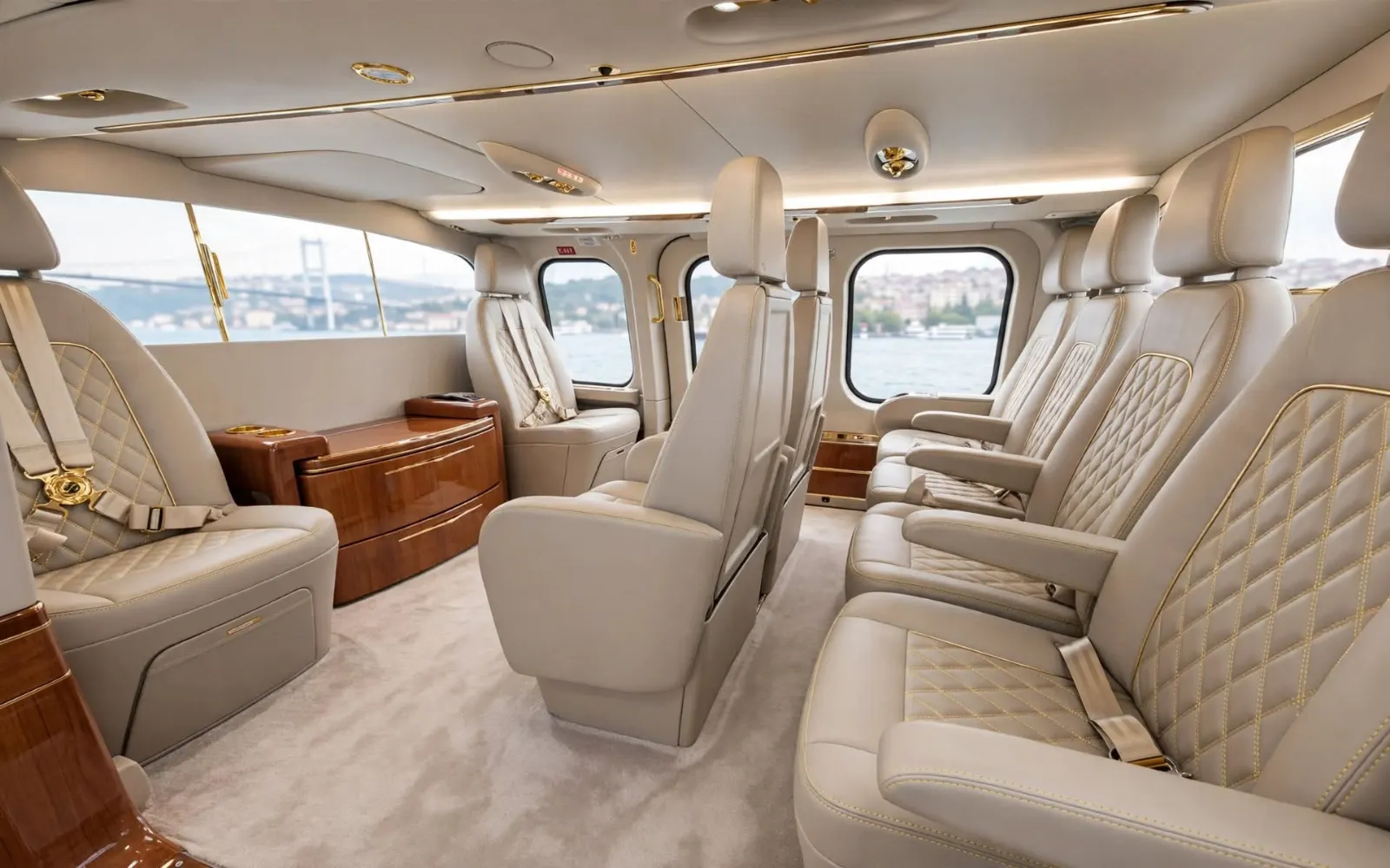 AW139 VIP Cabin Interior - Beige Leather Seats - Istanbul Bosphorus | VIPSTAR Aviation AW139 VIP cabin interior beige leather seats Istanbul Bosphorus helicopter view